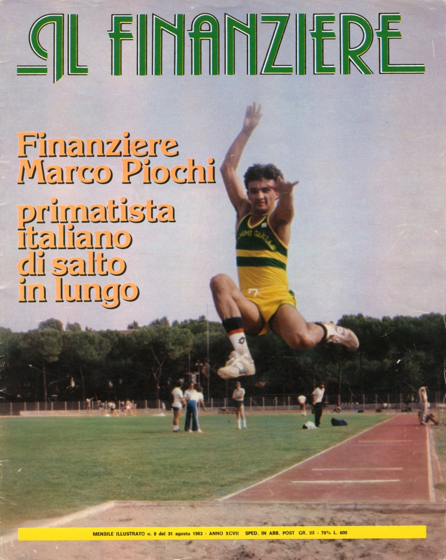 La copertina de &quot;Il Finanziere&quot; dell&#039;agosto 1983 dedicata al finanziere Marco Piochi, che aveva stabilito con la misura di 8,09m il nuovo primato italiano di salto in lungo
