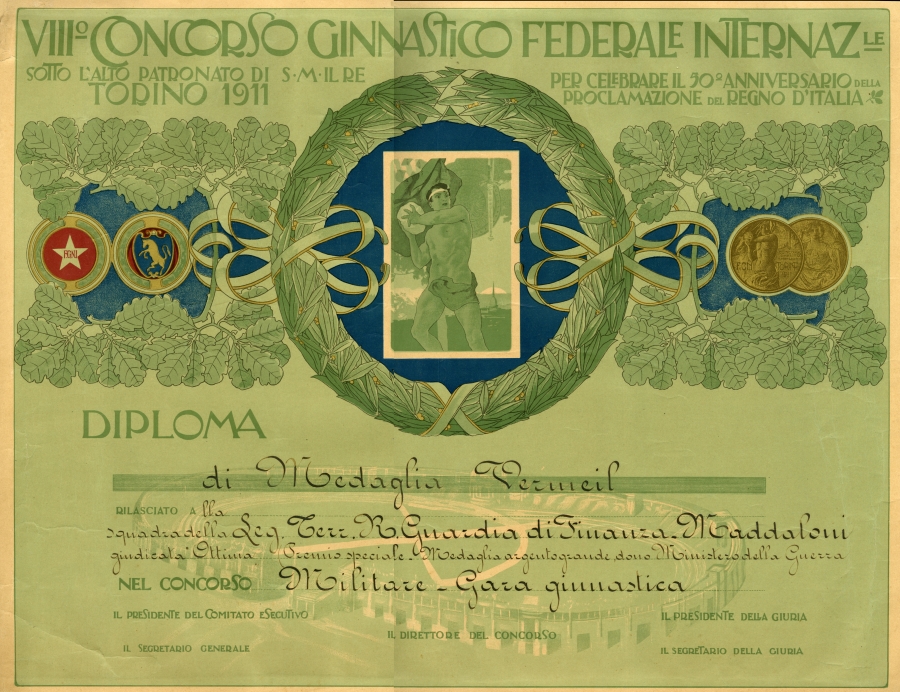 Diploma rilasciato alla squadra della Legione Territoriale della Guardia di Finanza di Maddaloni partecipante al VIII Concorso Ginnastico Federale Internazionale (Torino2011)