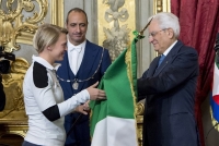PyeongChang 2018: il Presidente della Repubblica Sergio Mattarella consegna il Tricolore ad Arianna Fontana e a Florian Planker.